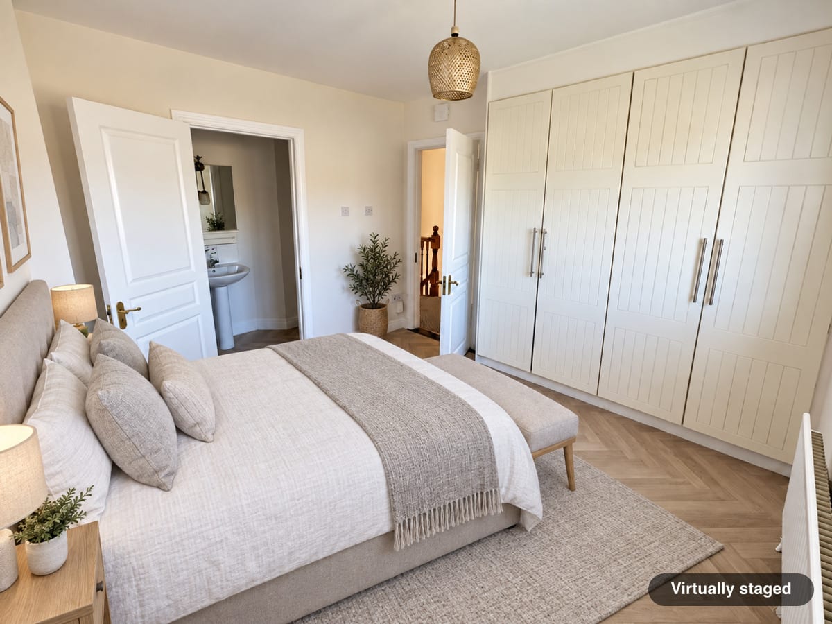 The same bedroom virtually staged with a double bed, bench and bedside lamps, its wardrobes, doorways and herringbone floor unchanged