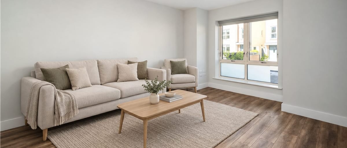 The same living room virtually staged with a sofa, armchair, coffee table and rug, its window and proportions unchanged