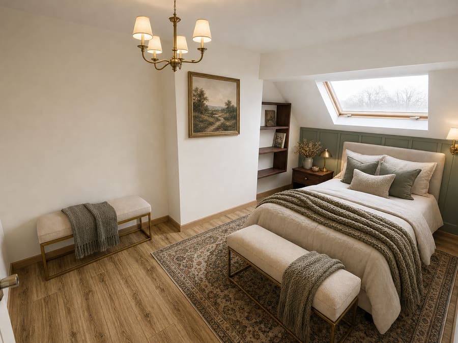 The same attic bedroom after redesign, restyled with sage panelling, a brass chandelier and a patterned rug, its skylight and roof slope unchanged
