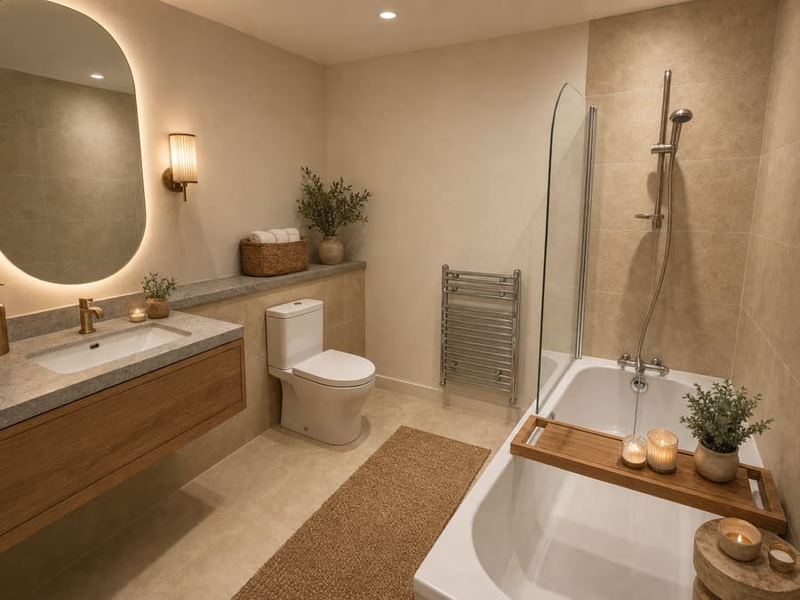 The same bathroom after redesign, restyled with a backlit oval mirror, oak vanity and stone surfaces, its bath and layout unchanged
