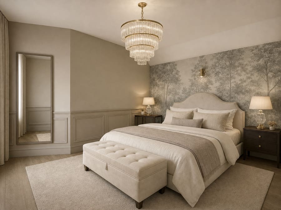 The same bedroom after redesign, restyled with a crystal chandelier, botanical mural and panelled walls, its sloped ceiling unchanged
