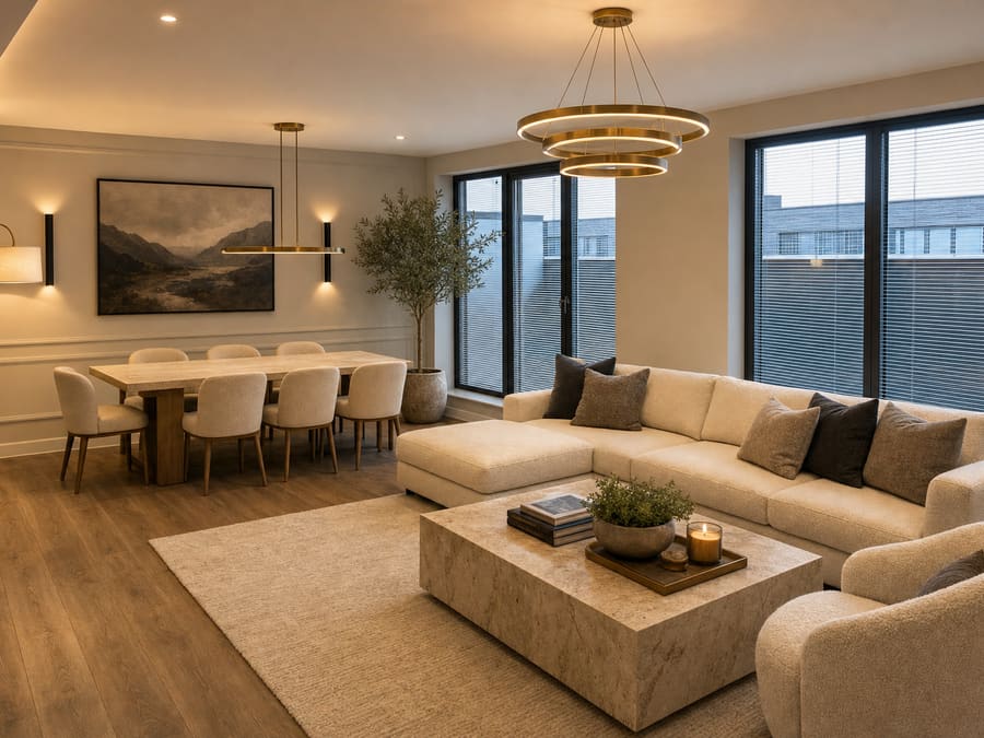 The same living and dining room after redesign, restyled with a cream sectional, oak dining table and brass ring pendant, its windows and proportions unchanged